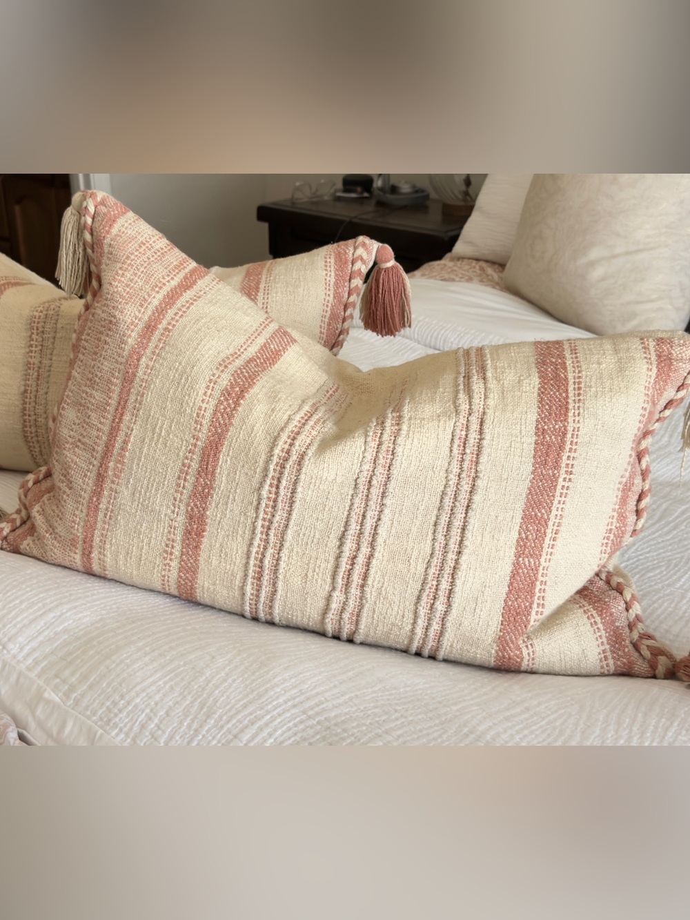 2 Sonoma Striped Tassel Lumbar Pillow in Cream and Blush